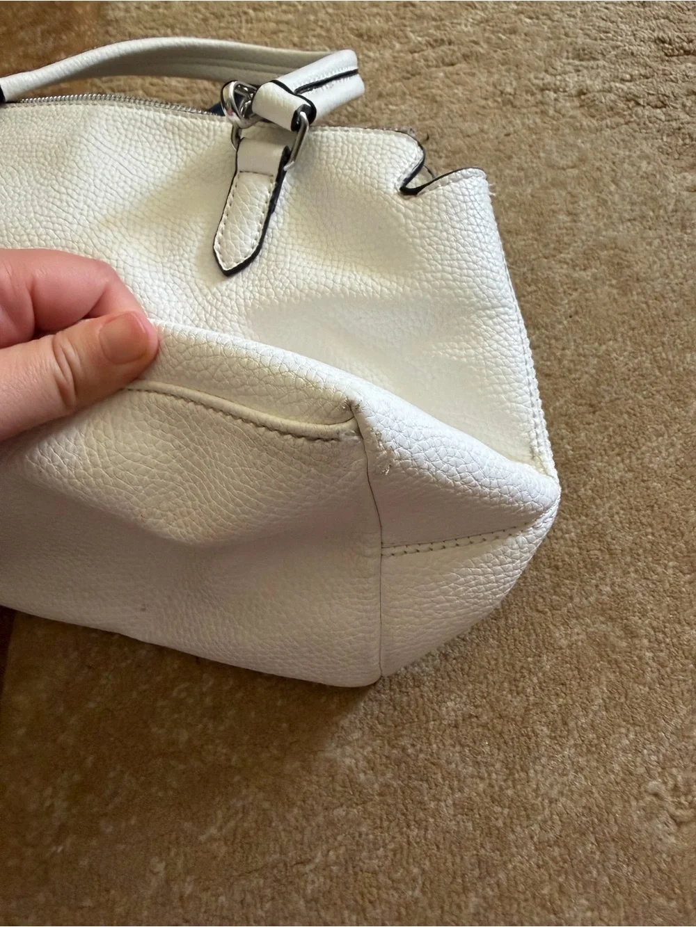 GUESS White Satchel with Blue Floral Accents and Navy Strap